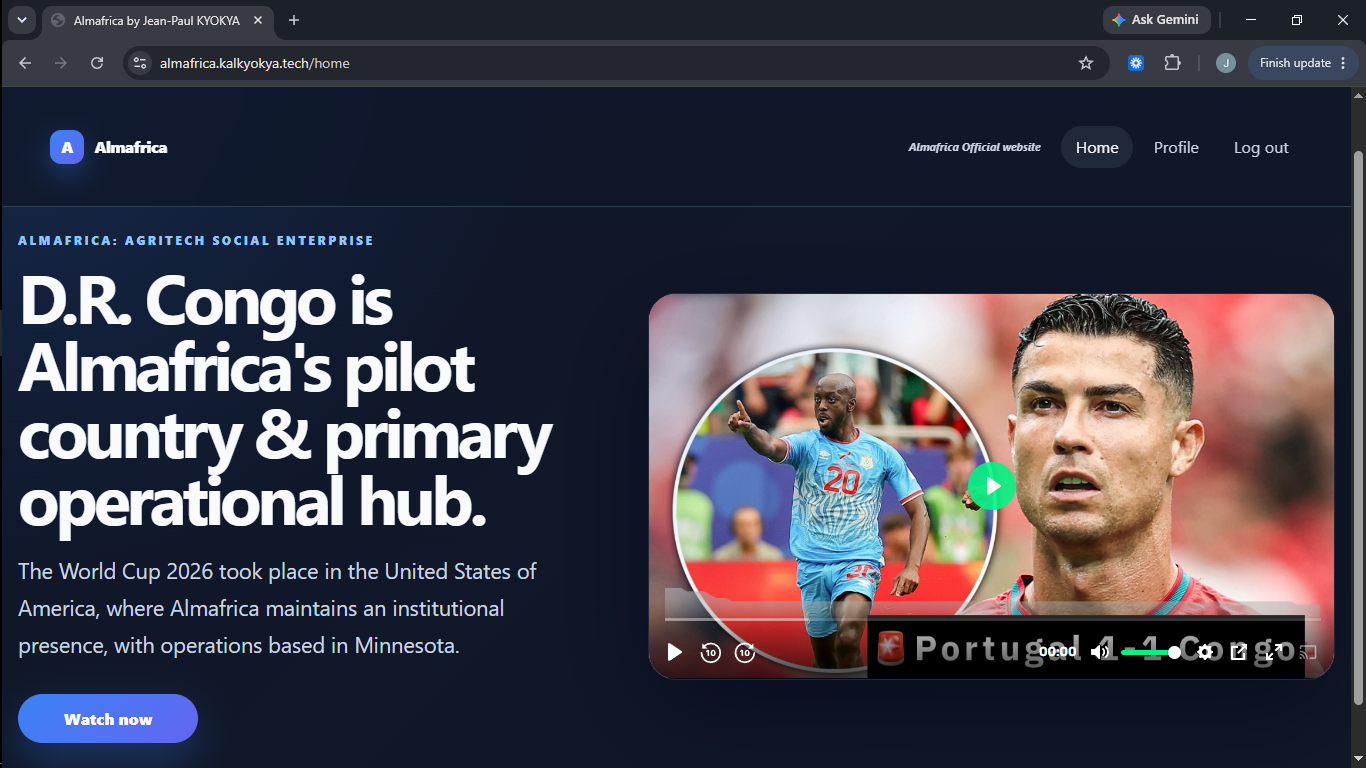 A screenshot of the Almafrica MVP's home page.